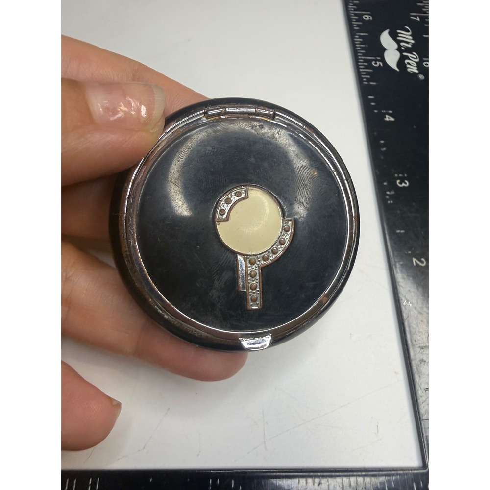 Vintage Evans Tap-Sift Black Enamel Art Deco Powder Compact Silver Tone 2 Inch